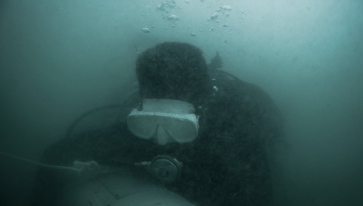UXO salvage diver Leng Channak (33) takes part in the training programme devised by the USA 7th Engineer Dive Detachment off the coast of Sihanoukville, Cambodia. The divers train to identify UXO (inert for training purposes) wearing ‘black-out’ masks to simulate the zero visibility they will encounter in the rivers and lakes of Cambodia.