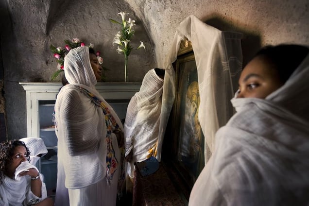 Jerusalem, Apr 08 - Ethiopian Christian pilgrims praying in their church adjacent to the Holy Sepulcher church © Natan Dvir