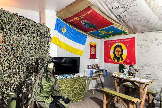 An exhibition justifying Russia’s invasion of Ukraine is displayed at the National Museum of the Republic of Buryatia in Ulan-Ude on May 16, 2024. The Buddhist “God of War” is placed alongside an icon of Orthodoxy Jesus.