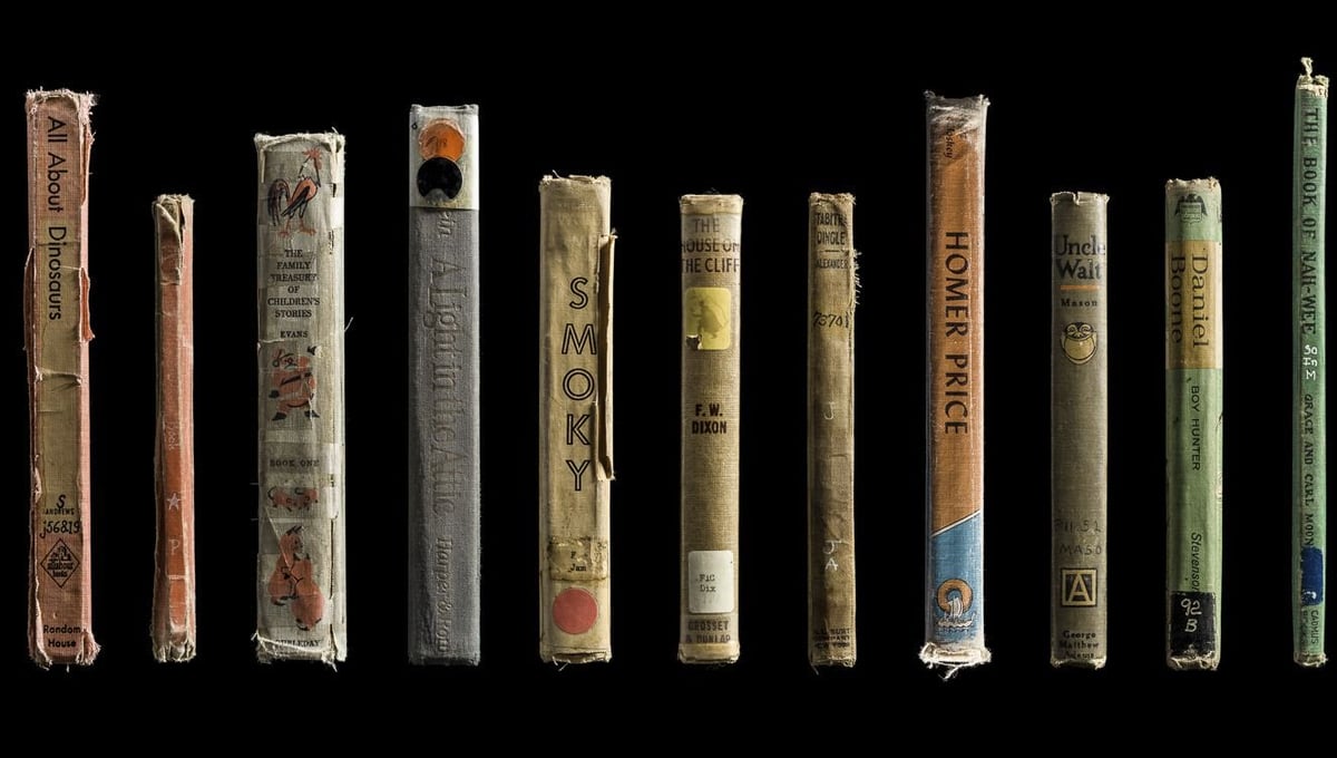 Multiple Spines (All About Dinosaurs, Jenny’s Birthday Book, The Family Treasury of Childrens’ Stories, A Light in the Attic, Smoky, The House on a Cliff, Tabitha Dingle, Homer Price, Uncle Walt, Daniel Boone Boy Hunter, The Book of Nah-Wee) © Kerry Mansfield