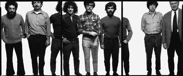 The Chicago Seven: Lee Weiner, John Froines, Abbie Hoffman, Rennie Davis, Jerry Rubin, Tom Hayden, Dave Dellinger, Chicago, September 25, 1969, © 2008 The Richard Avedon Foundation