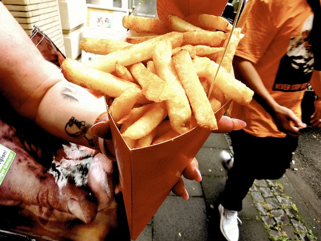 "FRIES or FLIGHT?" "FRITTEN oder FLUCHT?"