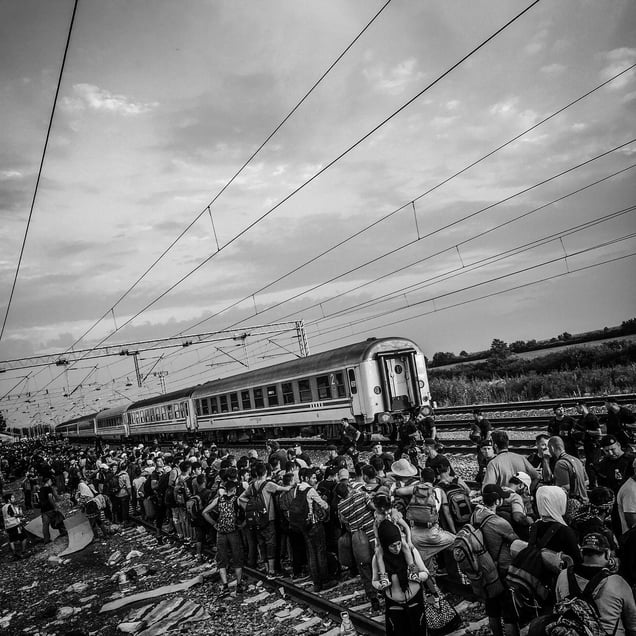 Hundreds of refugees wait to board the train in Tovarnik, Croatia.