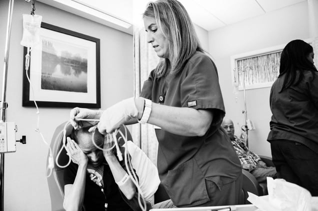 Even with her husband by her side, also in treatment, it’s not easy for Laurel Borowick to prepare for a new round of chemotherapy as she’s been through the process on and off for the past sixteen years after three diagnosis of breast cancer. Greenwich, Connecticut. January, 2013 © Nancy Borowick