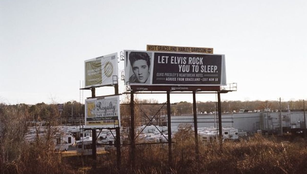 Billboard, Elvis Presley Boulevard, Memphis. I had to follow them. To Graceland, Beale Street, Sun Studios, Elvis Presley Boulevard, I had to follow the fans.They come from all over the world and may save money for many years to see Memphis. Graceland is the most visited house in America after the White House. From the series "Love me true" © Clementine Schneiderman, IdeasTap finalist