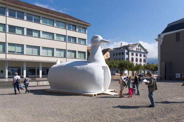 View of the teleported building, Vevey, 2014. 3D modeling by Antoine Mialon Architectures, building produced by Festival Images (Vevey, Switzerland) with support from Nestlé and Alimentarium in Vevey. Courtesy of Olivier Cablat.