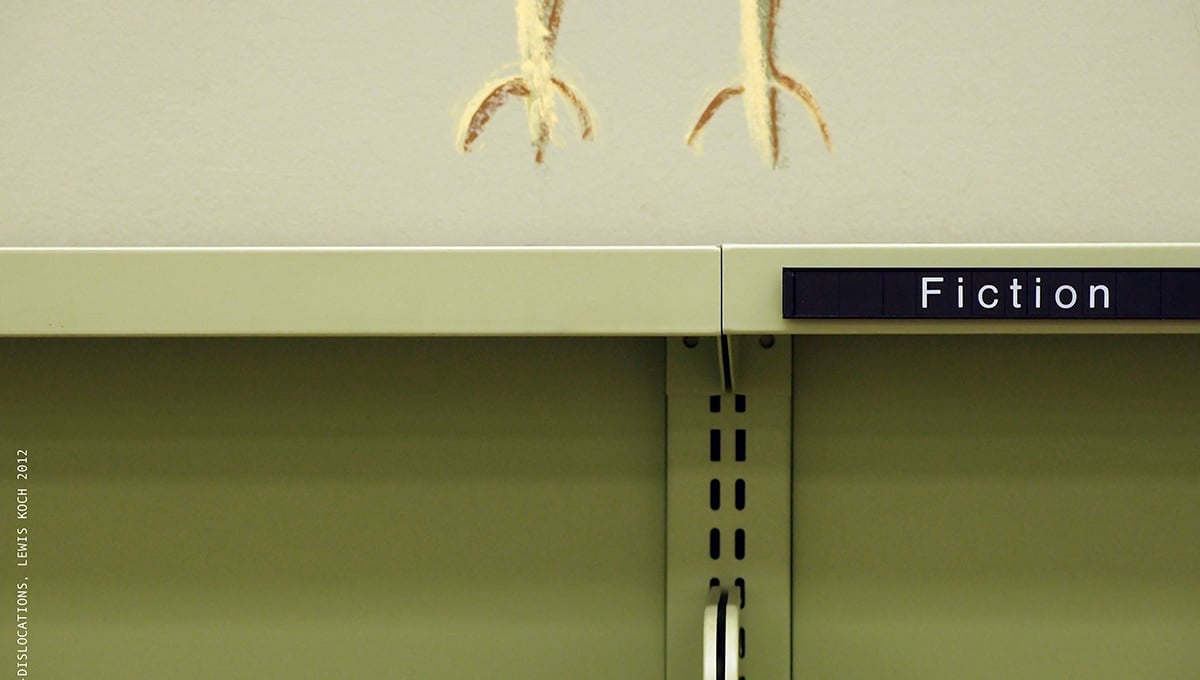 One of '12Dislocations' (with detail of a 1965 mural by Aaron Bohrod), in Bookless' installation/event, Madison (WI) Public Library, 2012