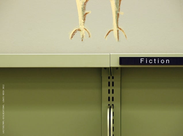 One of '12Dislocations' (with detail of a 1965 mural by Aaron Bohrod), in Bookless' installation/event, Madison (WI) Public Library, 2012