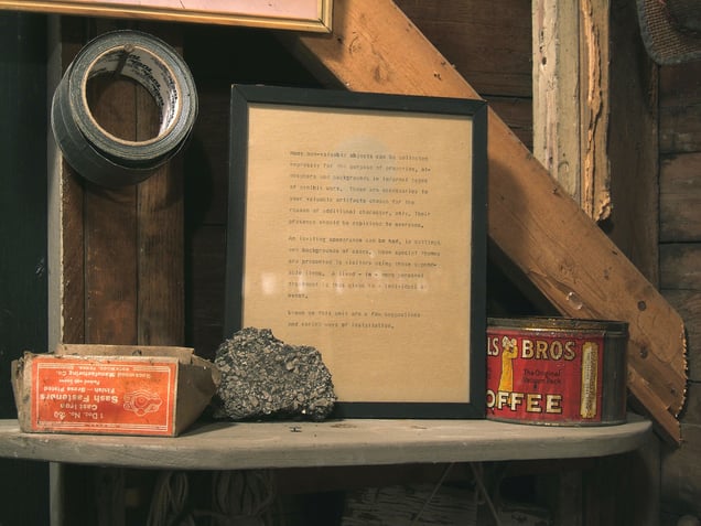 'An inviting appearance,' found signage in original frame, discarded from the Rock County Historical Sociey, Janesville, WI, with miscellaneous garage items in situ.