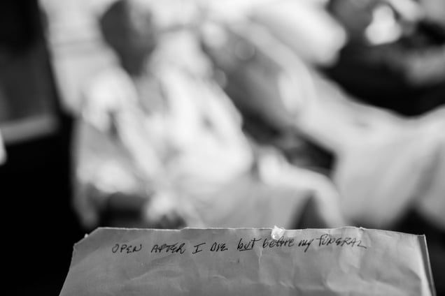 Howard Borowick never expected to live as long as he did. Therefore he prepared his own eulogy, which he left in an envelop in his desk at home. Greenwich, Connecticut. November 2013 © Nancy Borowick