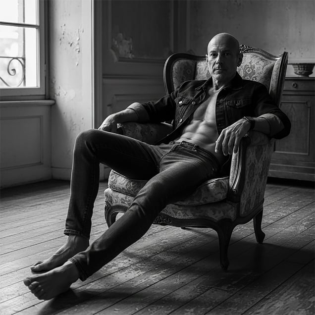 sitting in an armchair