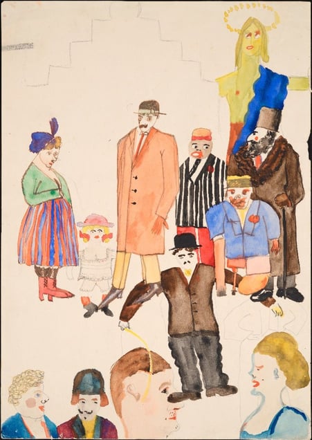 Group with Chaplin, Early 1920’s. Gouache and pencil on paper. Collection Henry Blumenfeld © The Estate of Erwin Blumenfeld