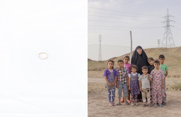 A portrait of Kalfo, 56, and her grandchildren Rida, Zeid, Rokeya, Malak, Zahraa, Abbas, Yasmin, Ahmed. The portrait has been paired with the wedding ring of Kalfo, one of the few objects she was able to take with her while fleeing her hometown. 12/05/15.