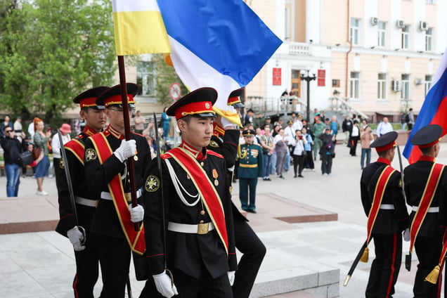 Students from military training schools take part in a patriotism-themed event at Lenin Square in Ulan-Ude, Republic of Buryatia on May 16, 2024.