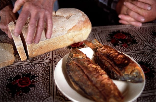 Romania, Tulcea, Danube DeltaBread and fried fish, the main meal of the day in Ceatalchioi village.© Petrut Calinescu