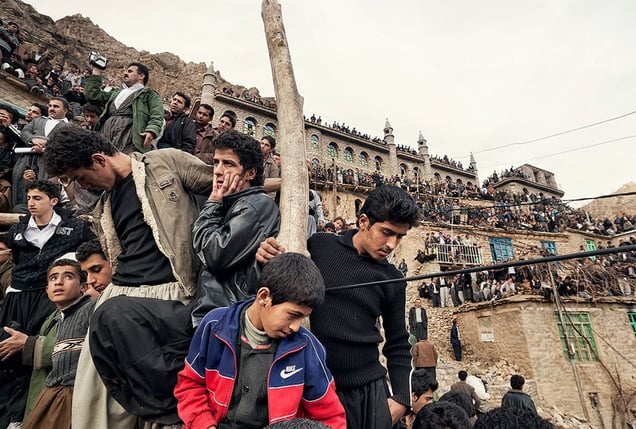 Uraman Takht, Iran: Pilgrims in the Kurdish part of Iran celebrate the pre-Islamic religious holiday of Aroosi Pir Shahriar. The men are playing the Daf drums while the dervishes are reaching a trance like state through their dance.  © Matjaz Krivic