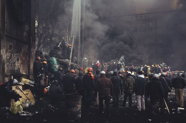 Protesters are burning tires, so police doesn't have a good view before the next assault. Kyiv, Jan. 25, 2014.