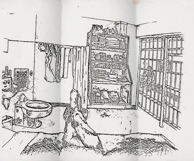 Sketch of a death row cell interior  by a then 32 year old man who has been serving time on death row for over 13 years.© Amy Elkins