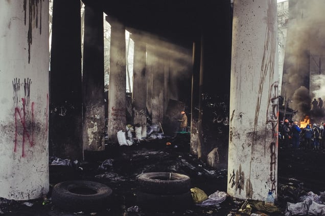 The central entrance on Lobonovskogo stadium after the some night after protesters and riot police clashes in the center of Kiev,  Jan. 26, 2014
