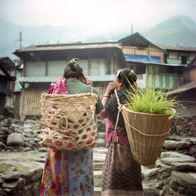 Mitinis- Sukmaya Gurung and Baisamaya Gurung return to Naiche together after collecting stones to build a wall and grass for their goats.