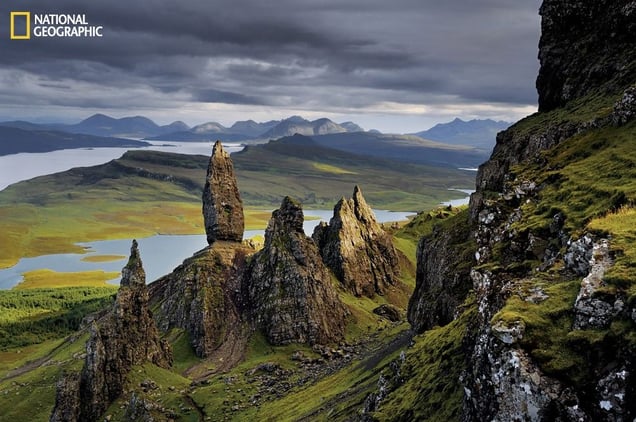 On Skye's Trotternish Peninsula, basalt pinnacles loom over the Sound of Raasay. Rising from the debris of an ancient landslide, they bear witness to the geologic upheavals that shaped these lands. From the October 125th anniversary issue of National Geographic magazine © Jim Richardson/National Geographic