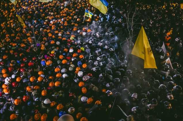 Peaceful opposition between protesters and riot police lasted all night. Hard power wasn’t applied by any of the parties. Kiev, Dec. 11, 2014.