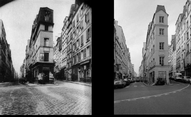 Maison où habitait André Chénier en 1793,  97 rue de Cléry, 1907, © Eugene Atget. Maison où habitait André Chénier en 1793, 97 rue de Cléry, 1997, © Christopher Rauschenberg.