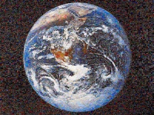 The Earth, 2005, The Earth taken from Apolo 17 in December 1972 (NASA catalogue, AS17-148-22727). The photograph has been refashioned using photomosaic freeware, linked to Google’s Image Search function.  The final result is a composite of 10,000 images available on the Internet that responded to the words heaven, purgatory and hell in English, French and Spanish as search criteria.