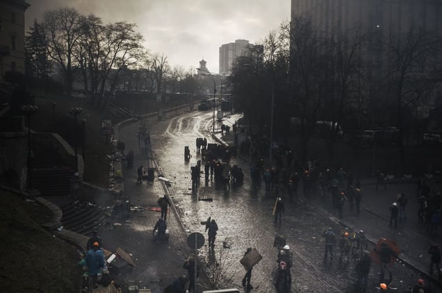 Сlashes between riot police and protesters during the attempting to block Verhovna Rada on Institutska street. In 20 minutes snipers opened fire. Kiev, Feb. 20, 2014