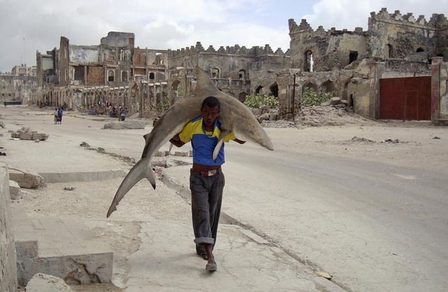1st Prize Daily Life Single © Omar Feisal, Somalia, for Reuters. Man carries a shark through the streets of Mogadishu, Somalia, 23 September