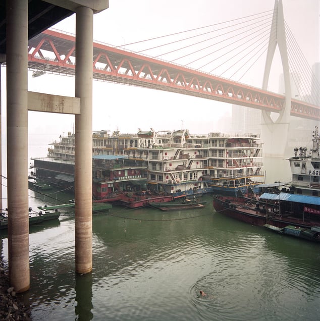 A swimmer under the newly open bridge