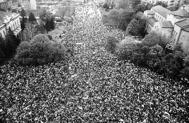 The first public action of the new formed Bulgarian anticommunist political opposition, December 10, 1989 in Sofia in front of the church Alexander Nevskiî. They wanted changes within the ruling Communist Party. © Svetlana Bahchevanova (Bulgaria), from the exhibition Transition.  Courtesy of the Noorderlicht Photofestival 2008. 8