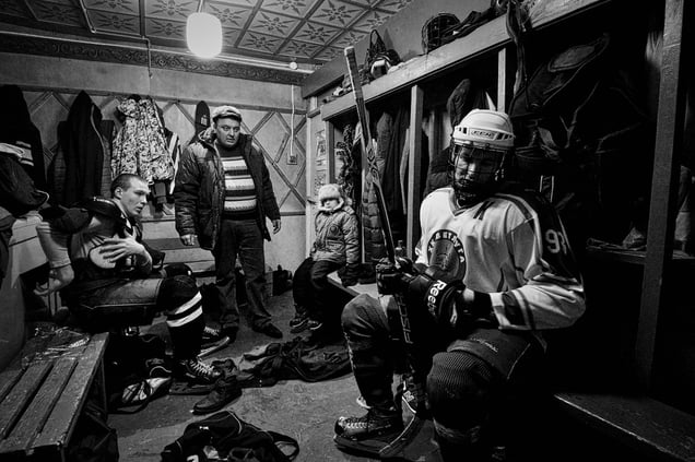Players in the locker room of HC Vetluga at halftime, Vetluga, Russia, 19February 2015.