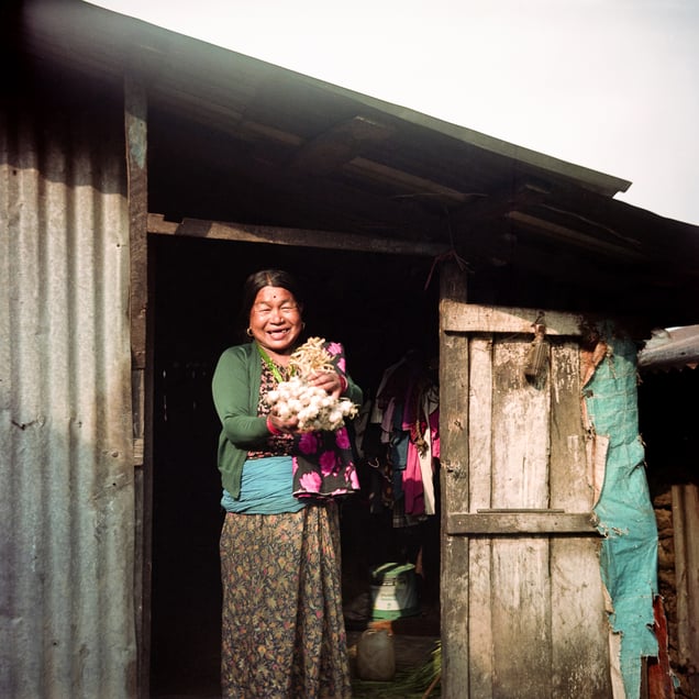 Pansari Gurung is delighted to receive the garlic sent to her by Santamaya. Pansari, too, is occupied with her farm, so she doesn’t get to visit her mitini often. But, she also sends gifts to her mitini whenever anyone travels to Taracho.