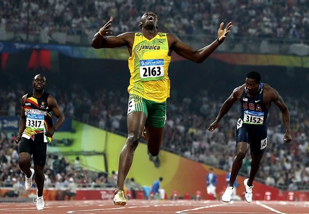 2nd prize Sports Action Singles. © Mark Dadswell, Australia, Getty Images. Usain Bolt wins mens 200m final at Beijing Olympic Games, 20 August