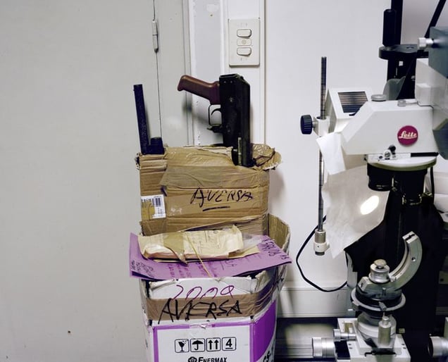 Polizia Scientifica, Via Medina, 6th floor, Naples.
Weapons seized from the Casalesi's family in Aversa, in the forensic laboratory.
© Valerio Spada.