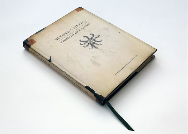 "Beyond Drifting: Imperfectly Known Animals" — book. The basis of the project is presented as an old science book from the 1800s. It represents both the current situation concerning marine organism's intake of plastic particles, beads and fibres, alongside early discoveries when plankton were free from plastic