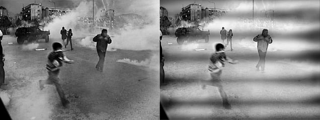 Mitrovica, Kosovo. Clashes on the bridge (1999).