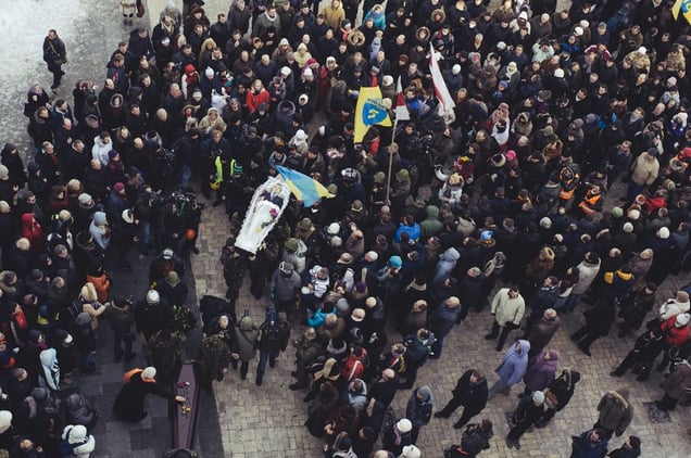 Funeral of Mikhail Zhiznevsky, known as ‘LOKI’, in a St. Michael's Church. Mikhail was the second victim in the confrontation on Hrushevskoho street, he was a member of UNA-UNSO, citizen of Belarus. Was killed by two shots at the age of 25. Kyiv, Jan. 26, 2014.