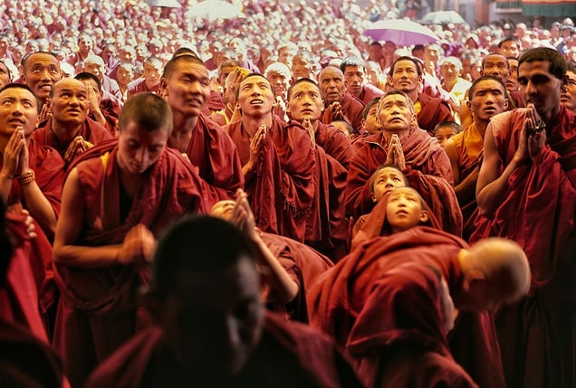 Spiti, India: Humble, dedicated Tibetan monks in the Ki monastery during the visit of his holiness Dalai Lama, their spiritual and political leader. © Matjaz Krivic